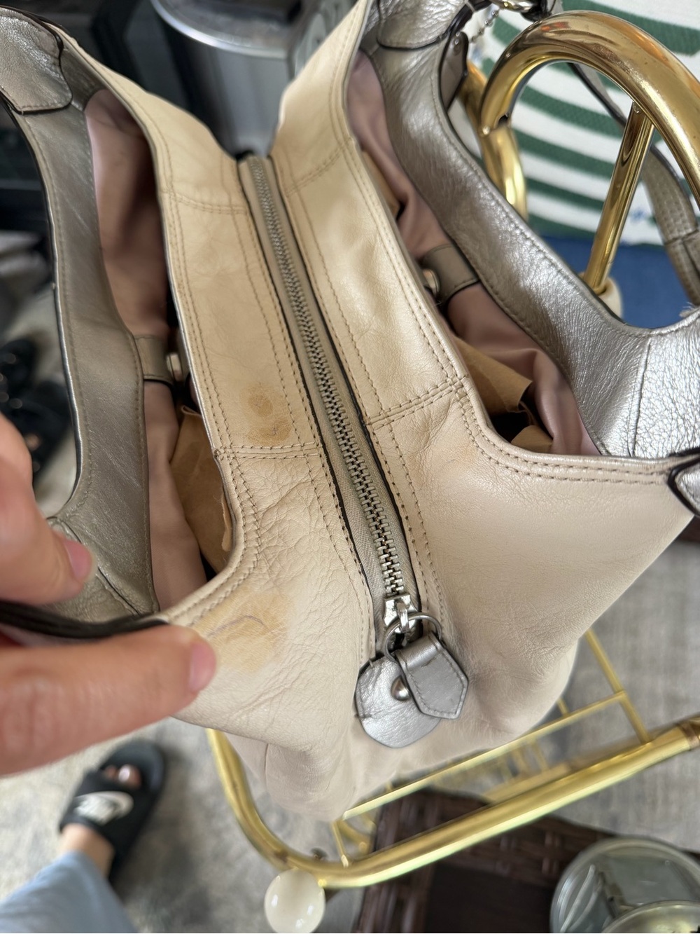 Coach Beige Leather Shoulder Bag with Metallic Taupe Trim - Picture 5 of 9